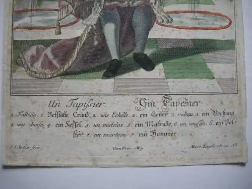 Un Tapissier Ein Polsterer Tapester altkolor Kupferstich Martin Engelbrecht 1730