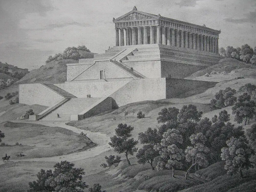 Leo von Klenze (1784-1864) Die Walhalla Donaustauf Lithografie 1845 Ruhmeshalle 1