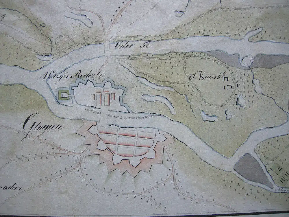 Glogau Glogow Schlesien Manuskriptkarte kolor Tuschzeichnung 1750 Polski Slask 1