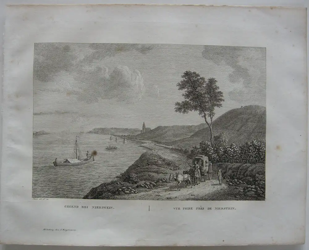 Gegend bei Nierstein  Orig Kupferstich J. Roux 1822 Rheinland Pfalz  0