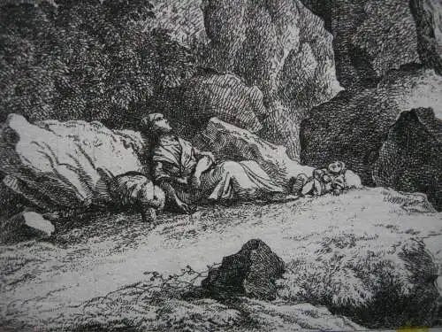 Franz Kobell (1749-1822) Schlafende Mutter in felsiger Landschaft Radierung 1775