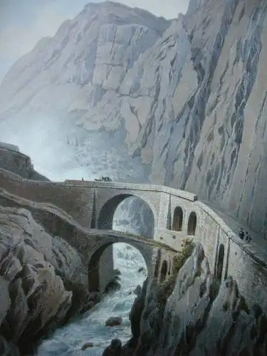 Le Pont du Diable Gothard Teufelsbrücke Orig Farblithografie 1830 Schweiz Uri