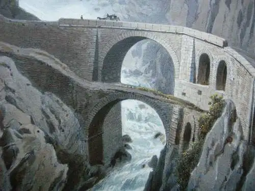 Le Pont du Diable Gothard Teufelsbrücke Orig Farblithografie 1830 Schweiz Uri