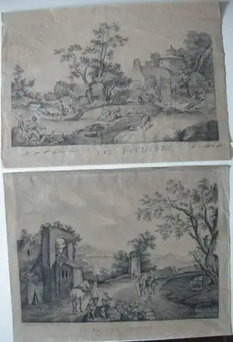 2 reizende Grisaille Zeichnungen Ländliche Idyllen Delphine Durand 1815/16