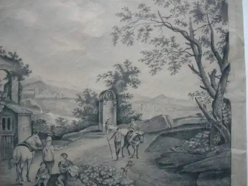 2 reizende Grisaille Zeichnungen Ländliche Idyllen Delphine Durand 1815/16