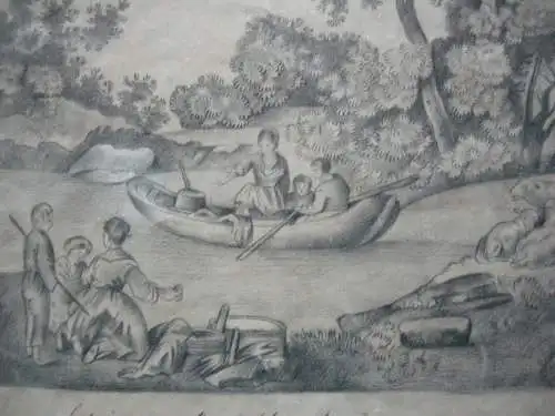 2 reizende Grisaille Zeichnungen Ländliche Idyllen Delphine Durand 1815/16