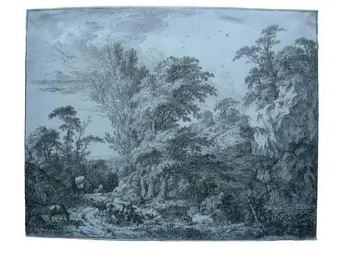 Joh Chr Friedrich (1747-1813) Felsige Waldlandschaft Tiere Hirte Radierung 1776