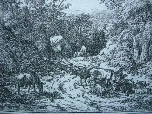 Joh Chr Friedrich (1747-1813) Felsige Waldlandschaft Tiere Hirte Radierung 1776