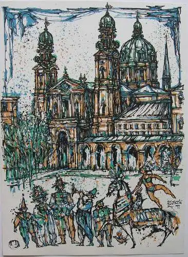 Hans Prähofer (1920-2005) München Fasching Odeonsplatz Orig Serigrafie 1991