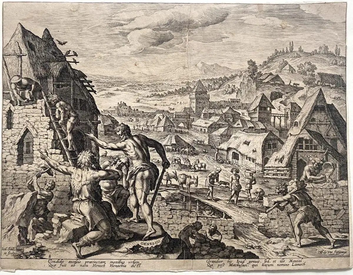 Johannes Sadeler (1550-1600) Kain erbaut die Stadt Henoch Radierung 1580 Genesis 0
