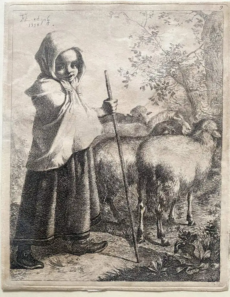 Francesco Londinio (1723-1783) Hirtenmädchen mit Schafen Orig. Radierung 1758 0