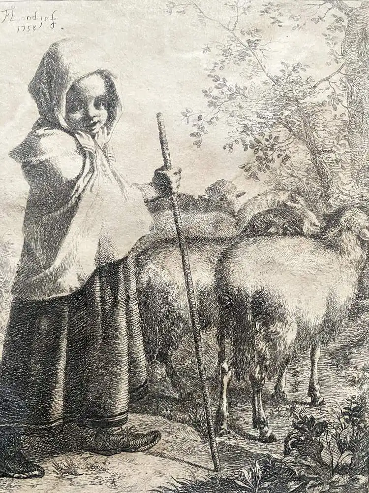 Francesco Londinio (1723-1783) Hirtenmädchen mit Schafen Orig. Radierung 1758 1