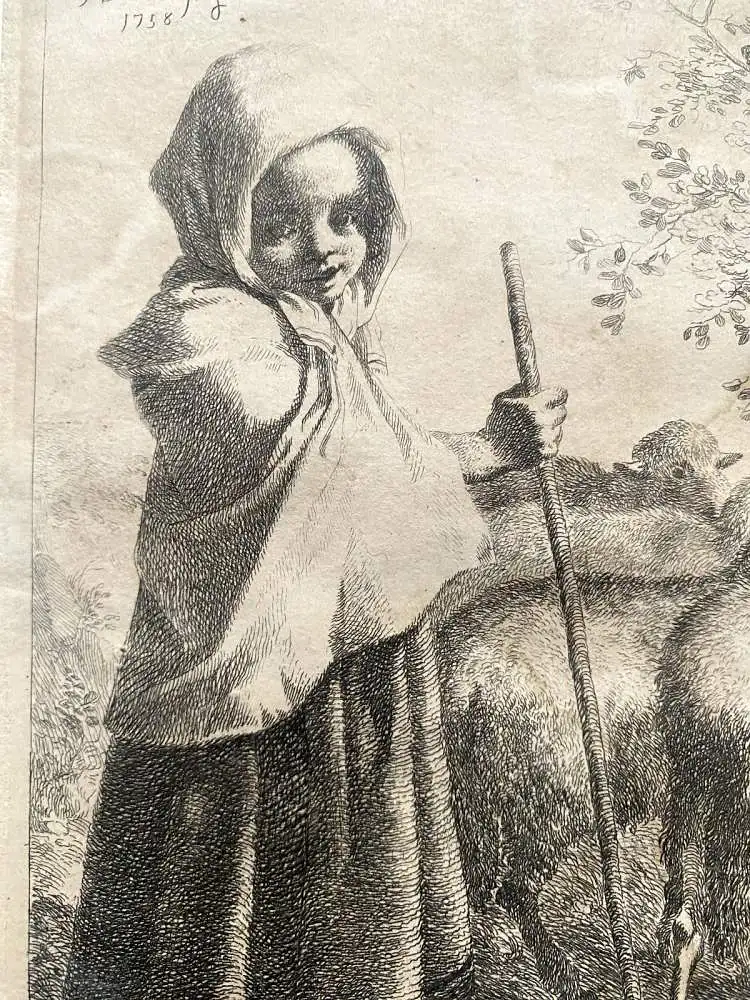 Francesco Londinio (1723-1783) Hirtenmädchen mit Schafen Orig. Radierung 1758 2