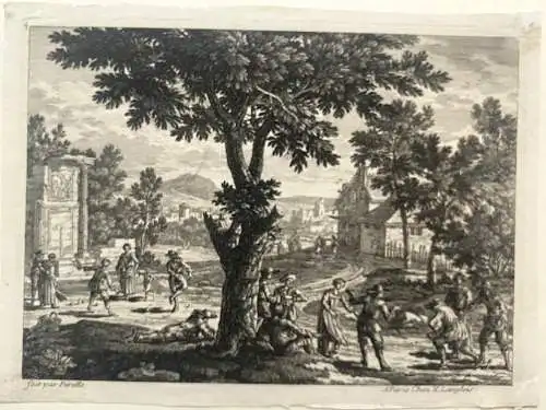 Gabriel Perelle (1603-1677) Dörfliche Szene Boule-Spieler Orig Kupferstich 1660