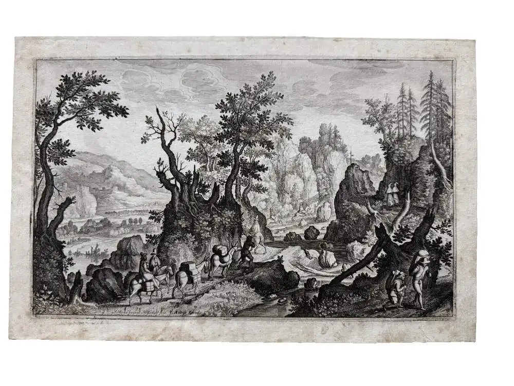 Matthäus Merian (1593-1650) Eselskarawane in felsiger Landschaft Kupferstich 0