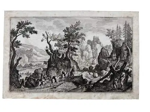 Matthäus Merian (1593-1650) Eselskarawane in felsiger Landschaft Kupferstich