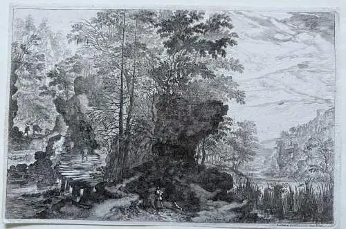 Isaac Major (1576-1630) Uferlandschaft Holzbrücke Wanderer Radierung 1600