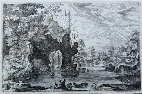 Isaac Major (1576-1630) Uferlandschaft mit Wanderer und Fischer Radierung 1600