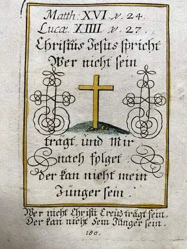 Alkolor geistl Emblemkupfer Bodenehr sein Kreuz tragen Lamm David Rebus 1699