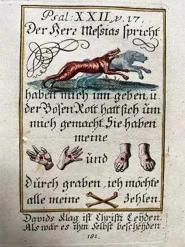 Alkolor geistl Emblemkupfer Bodenehr sein Kreuz tragen Lamm David Rebus 1699