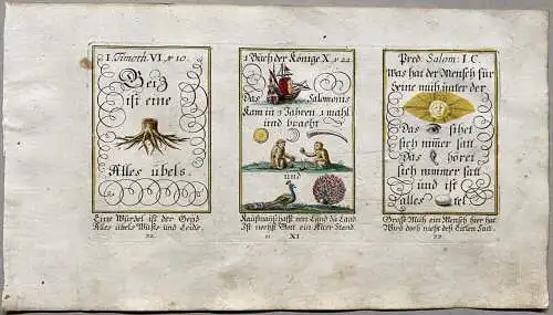 Alkolor geistl Emblemkupfer Bodenehr Wurzel allen Übels Müh Sonne Rebus 1699