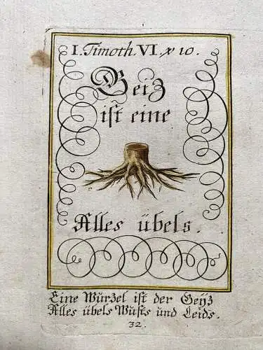 Alkolor geistl Emblemkupfer Bodenehr Wurzel allen Übels Müh Sonne Rebus 1699