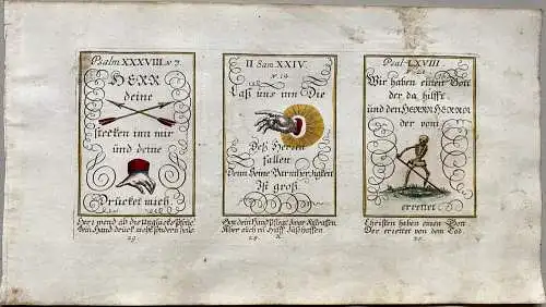 Alkolor geistl Emblemkupfer Bodenehr Pfeile des Harrn Memento Morri Rebus 1699