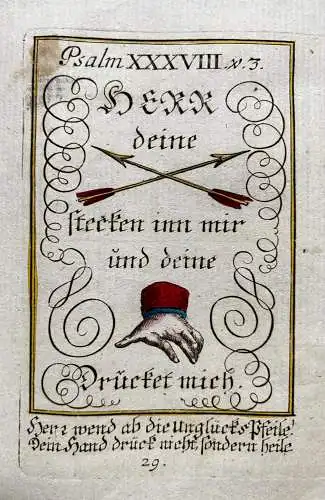 Alkolor geistl Emblemkupfer Bodenehr Pfeile des Harrn Memento Morri Rebus 1699