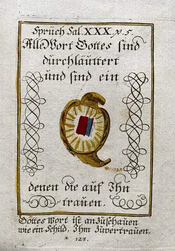 Alkolor geistl Emblemkupfer Bodenehr Schild Halsstarrige Herzen Rebus 1699