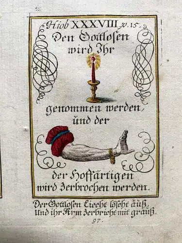 Alkolor geistl Emblemkupfer Bodenehr Verkehrte Herzen Schwert Arm Rebus 1699