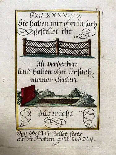 Alkolor geistl Emblemkupfer Bodenehr Memento Mori Löwen Falle Grab Rebus 1699