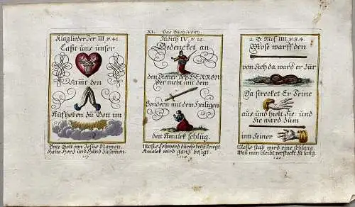 Alkolor geistl Emblemkupfer Bodenehr Herz und Hand Moses Schwert Rebus 1699