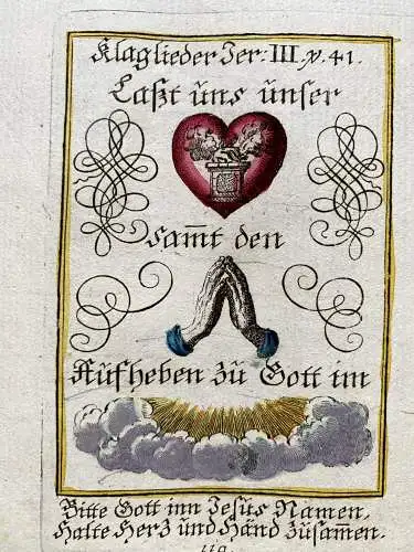 Alkolor geistl Emblemkupfer Bodenehr Herz und Hand Moses Schwert Rebus 1699