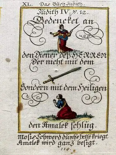 Alkolor geistl Emblemkupfer Bodenehr Herz und Hand Moses Schwert Rebus 1699