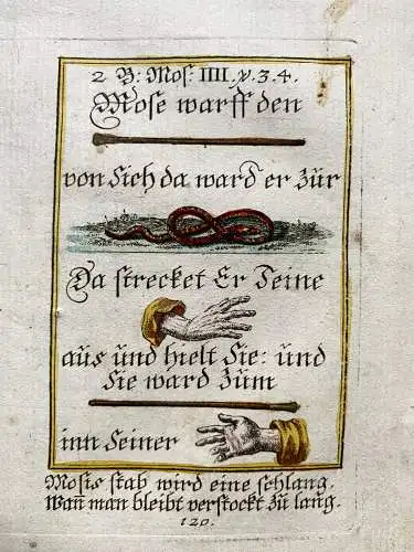 Alkolor geistl Emblemkupfer Bodenehr Herz und Hand Moses Schwert Rebus 1699