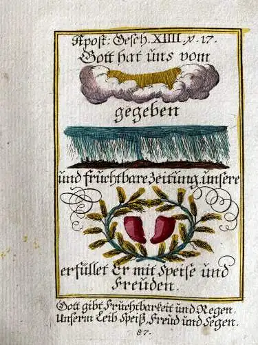 Alkolor geistl Emblemkupfer Bodenehr Speise von Gott Recht Fruchtbark Rebus 1699