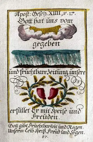 Alkolor geistl Emblemkupfer Bodenehr Speise von Gott Recht Fruchtbark Rebus 1699