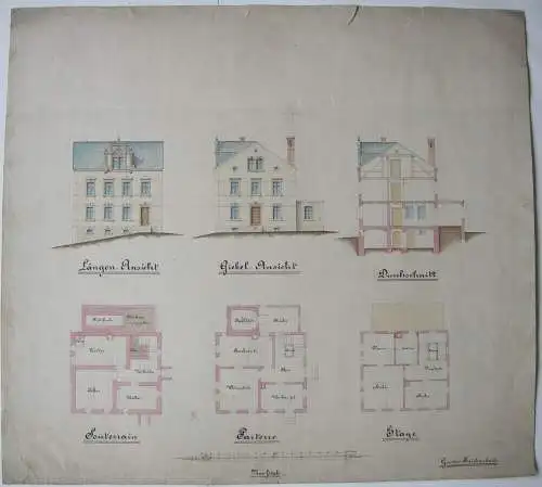 Callenberg Entwurf Wohnhaus Gustav Reichenbach 1885 Aquarell Sachsen