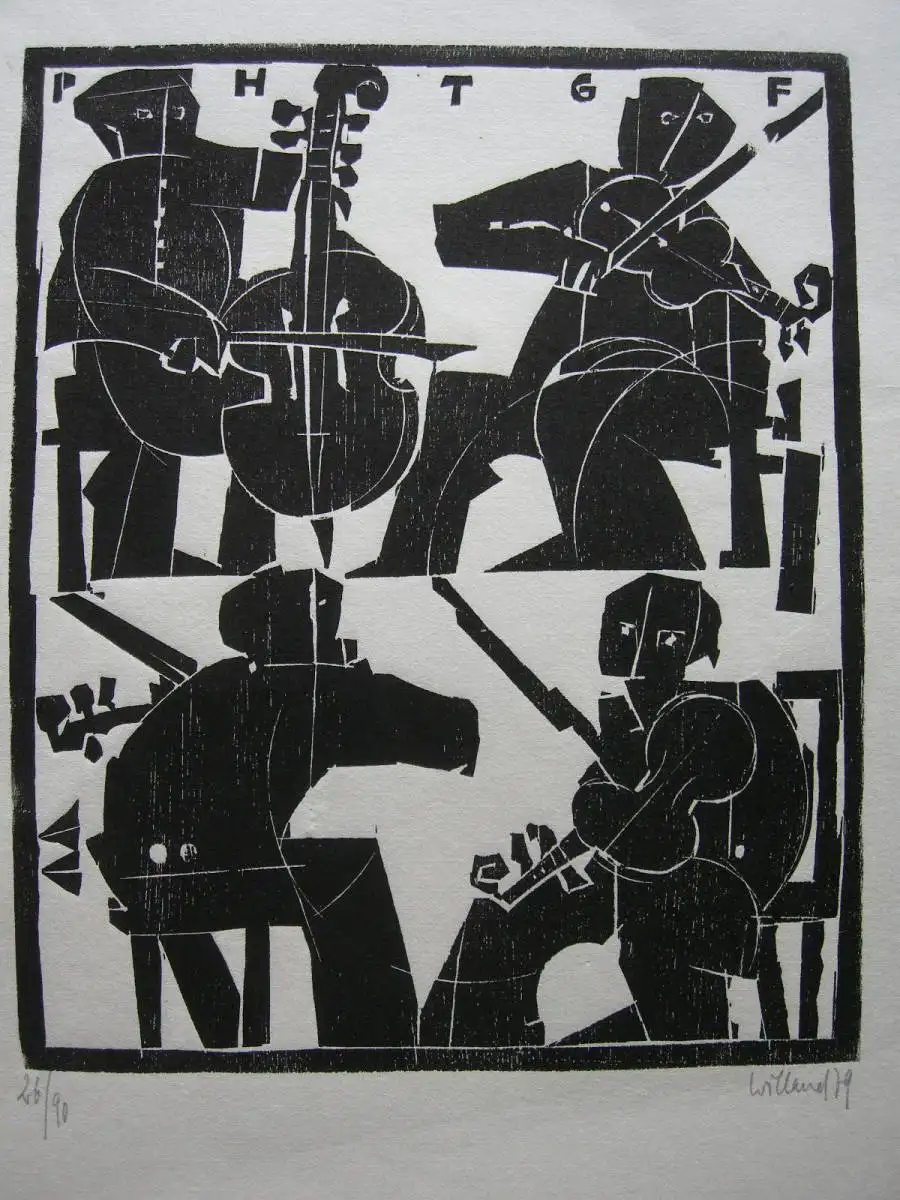 Detlef Willand (1935-2022) Cello- u Geigenspieler Orig Holzschnitt 1979 Signiert 1