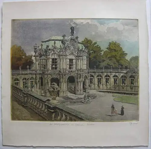 M. Gugl Der Wallgraben im Zwinger Dresden Orig Farbradierung 1957