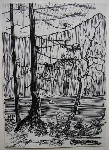 Johann Naha (1902-1982) Arbersee Bayer Wald Niederbayern Tuschzeichnung 1957