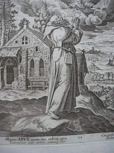 Raphael I u Jan Sadeler Eremit Heiliger Anub  Hermit Radierung  nach de Vos 1600