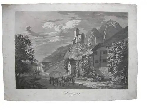 Sargans Historische Ansicht Aquatinta R. Iselin 1850 Schweiz St. Gallen