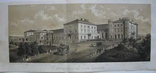 Kaiserin Elisabeth-Westbahn Bahnhof Wien Hauptgeb getönte Orig Lithografie 1860 