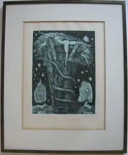 Ernst Fuchs (1930-2015) Adams Traum Orig. Farbradierung signiert 1969 gerahmt