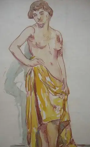 Fritz von Heider (1868-1933) Weiblicher stehender Halbakt Aquarell Rötel 1900