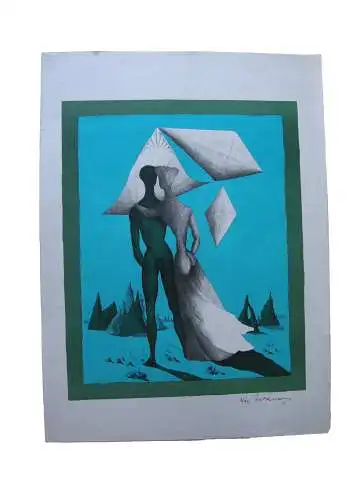 Mac Zimmermann  (1912-1995) Liebespaar Himmelskörper Lithografie 1966 signiert
