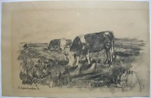 Max Mayrshofer  (1875-1950) Kühe auf der Weide Kohlezeichng 1912 signiert