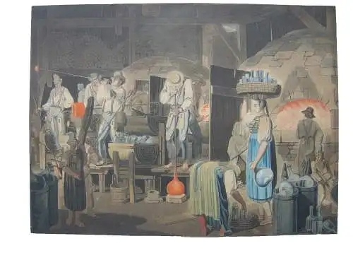 Glasbläser Werkstatt Glas Glasherstellung Orig Farblithographie um 1860