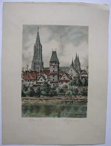 Alfred Jensen (1859-1935) Ulm Donau Orig. Farbradierung signiert 1920 Württem